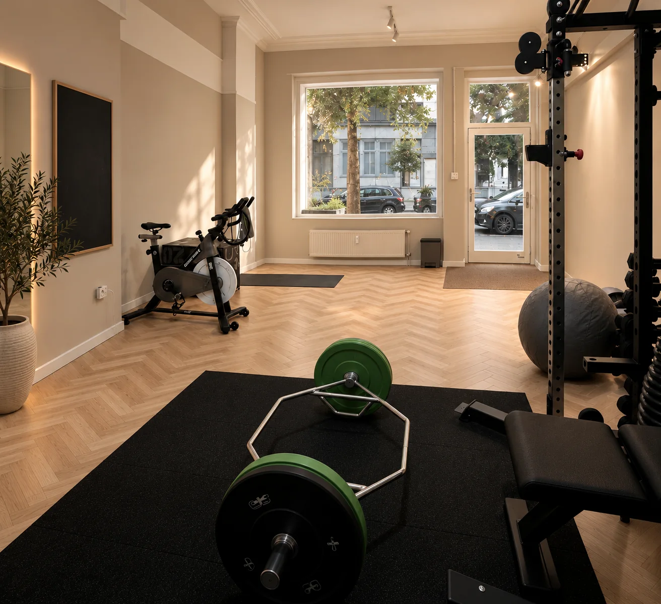 The bright Health Potential training studio in Brussels, with oak floor and strength equipment